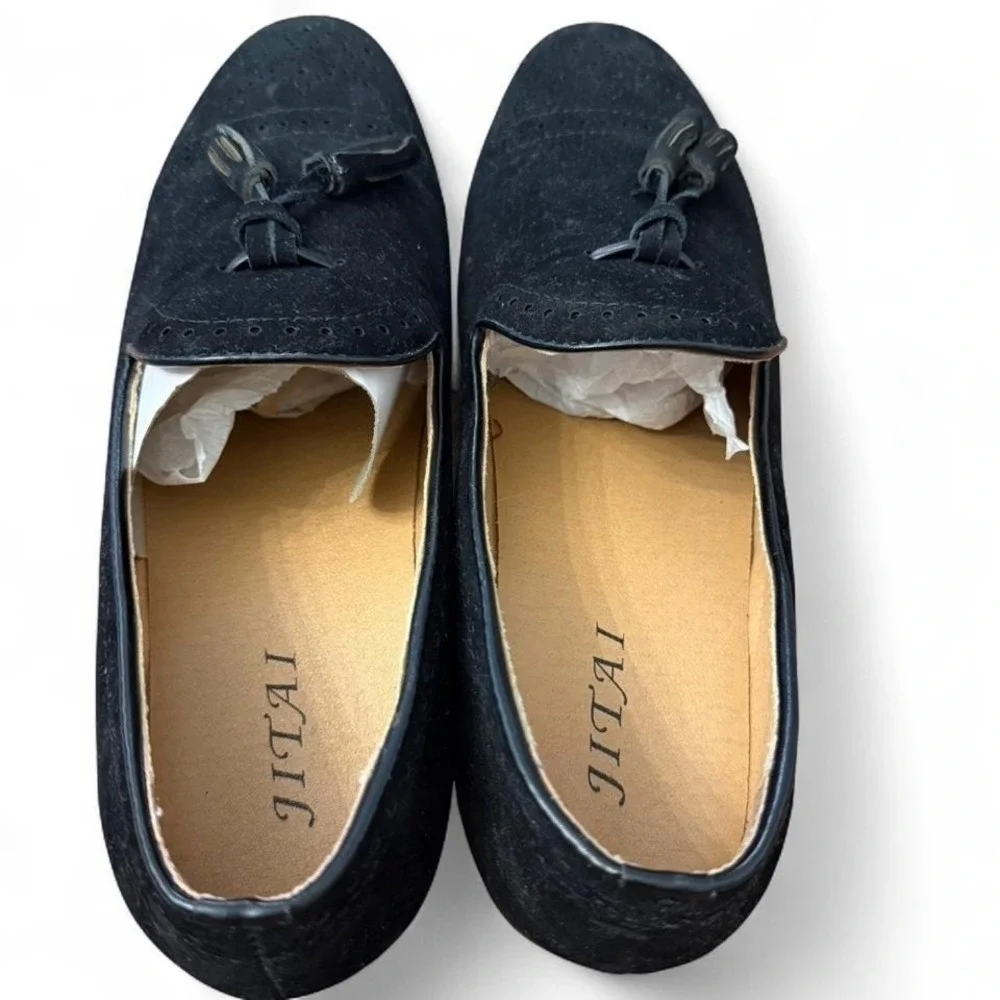 JITAI Mens Black Suede Tassel Loafers Wingtip Brogue Dress Shoes Size 8